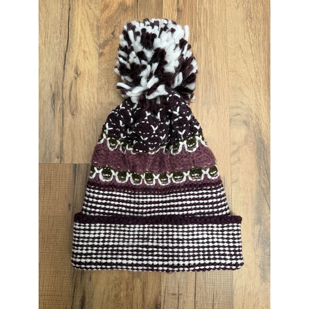 Dillard's ALL Chunky Knit Beanie Hat Pom Pom Purple White Olive Winter Cap